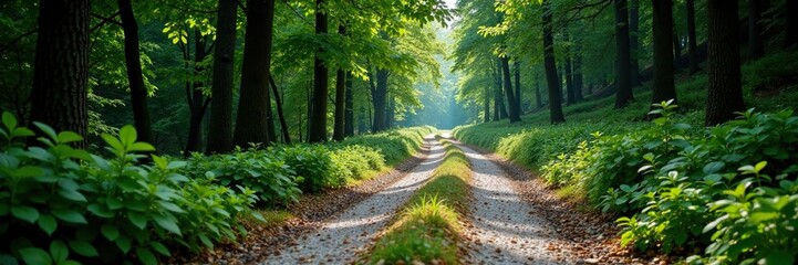 Fototapeta premium Gravel and pebble cobblestone road winding through dense forest, forest, cobblestone, trees