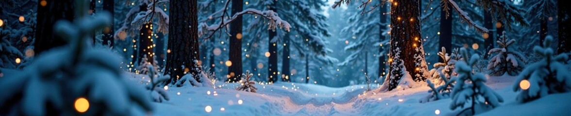 Snowy forest with tall tree covered in twinkling lights, evergreen, peaceful
