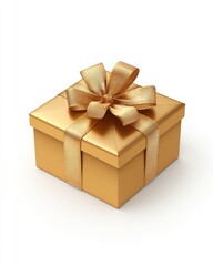 Gold gift box with golden ribbon bow isolated on white background.