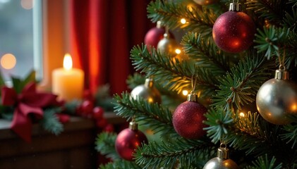 Warmly lit festive tree with merry Christmas candle on the side, ornaments, , inviting centerpiece