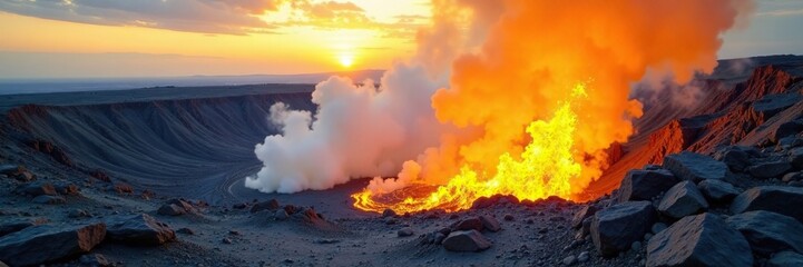 Fototapeta premium Yellow smoke billows from a cratered landscape, rock, fiery, volcano