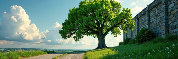 Obraz premium Verwunschener Baum zwischen Mauern und Himmel, gr?n, betonmauer, himmelsaufgang