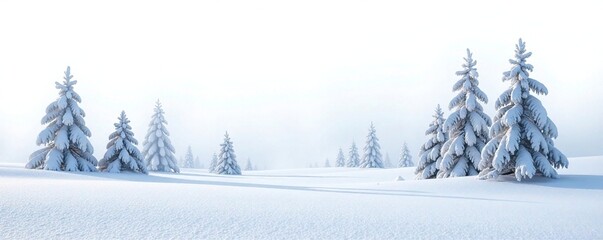 Snowy landscape with frozen trees isolated on white background, snowfield, nature, snow
