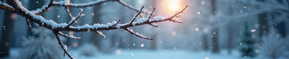 Obraz premium Softly falling snowflakes gently kiss the bare tree branch, winter scene, quiet