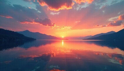 Fototapeta premium Softly glowing orange hues over serene lake horizon, water scenery, tranquil evening, peaceful landscape