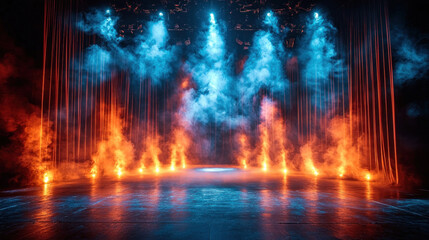 Empty stage with orange and blue smoke, spotlights, and dark background, for presentations