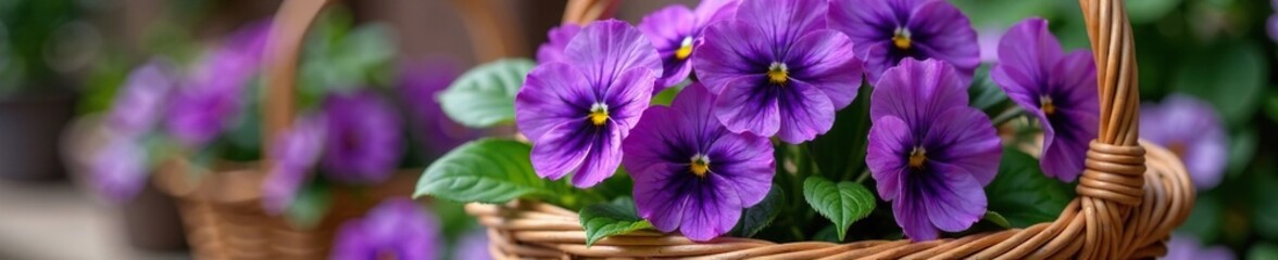Fresh purple pansies in a woven rattan basket, basket, floral arrangement