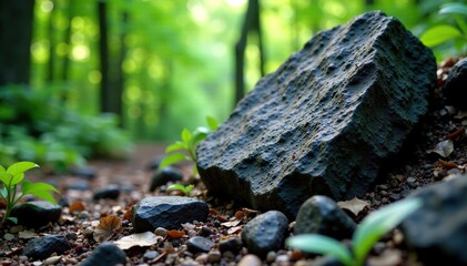 Fototapeta premium Rough textured volcanic rock amidst forest foliage, stone, geology