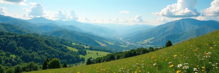 Obraz premium Rolling hills and valleys stretch beneath towering peaks, hills, natural, landscape