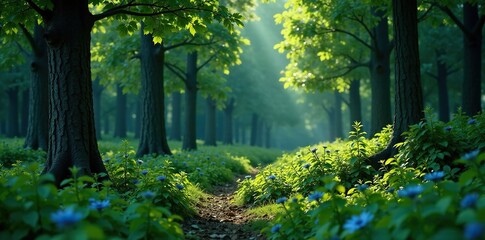 Dark green forest with blueberry bushes and tall trees in the background, trees, branches, nature