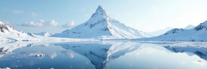Frozen lake reflects the majestic grandeur of a snow-capped peak against a vast white expanse, reflection, serene