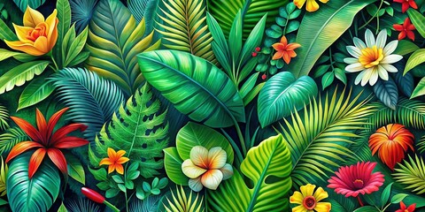 Fototapeta premium Lush Green Tropical Palm Leaves and Flowers Abstract Wallpaper