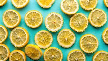 Obraz premium Brightly lit lemon slices arranged artfully on a plain cyan background