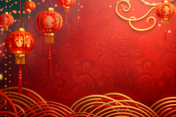 Elegant Red Chinese Lanterns on Swirling Pattern Background for Lunar New Year Celebration