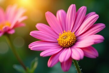 Obraz premium Pink daisy with a single water drop glistening in the sunlight, flower, droplet