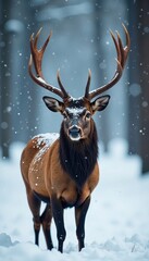 Snowflakes gently fall on a majestic stag's antlers, nature, snowy forest, silence