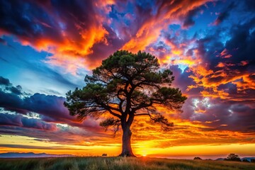 Majestic Black Tree Silhouette, Deep Focus, Dramatic Landscape Photography