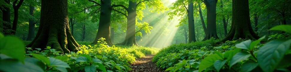 Obraz premium Dense foliage and sunlight filtering through the leaves, green, forest floor