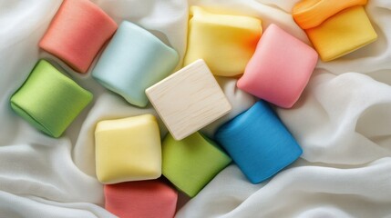 Pastel Fabric Cubes with Wooden Block