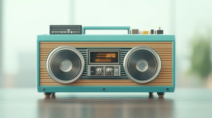 Fototapeta premium Retro Blue Boombox with Vintage Design and Large Speakers on a Wooden Table, Perfect for Nostalgia and Music Lovers in an Indoor Setting