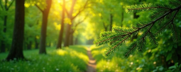 Fototapeta premium Evergreen tree branches stretch towards morning sunlight, spring foliage, greenery