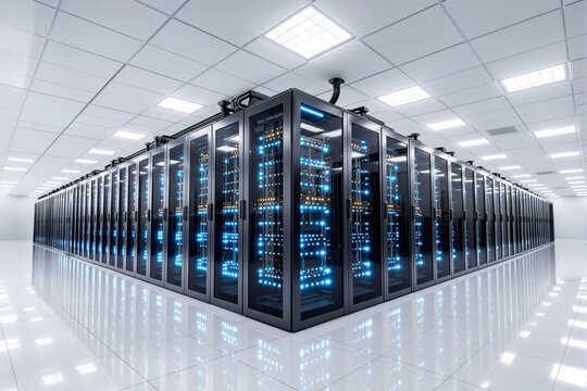 Rows of modern servers with glowing blue lights, placed in a clean, bright data center with reflective flooring. Concept of technology and data storage. Ai generative