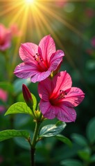 Fototapeta premium Pink Ruellia tuberosa flowers with dew drops and morning sunlight filtering through the leaves, nature, morninglight, botanical
