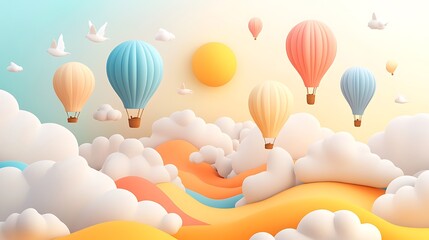 Colorful Hot Air Balloons Soar Above Dreamlike Clouds