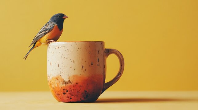 A ceramic mug with a finch standing near the handle on a muted mustard yellow backdrop