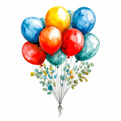 Watercolor painting of vibrant balloons bouquet with eucalyptus leaves, celebration theme