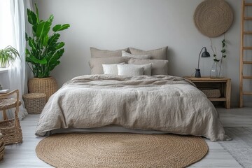 Cozy Minimalist Bedroom Interior with Linen Bedding