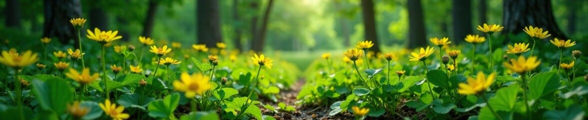 Yellow flowers scattered throughout the undergrowth of a forest clearing, forest clearing, leaves, blossom