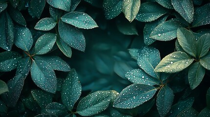 Obraz premium A delicate border of green leaves adorned with sparkling dew droplets, arranged symmetrically to frame a blank center for text, soft sunlight creating a warm and fresh morning atmosphere, hd quality.