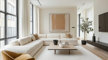 Fototapeta premium Generative AI, A minimalist living room with a modular cream boucle sofa, mustard velvet armchair, and natural light enhancing a neutral design