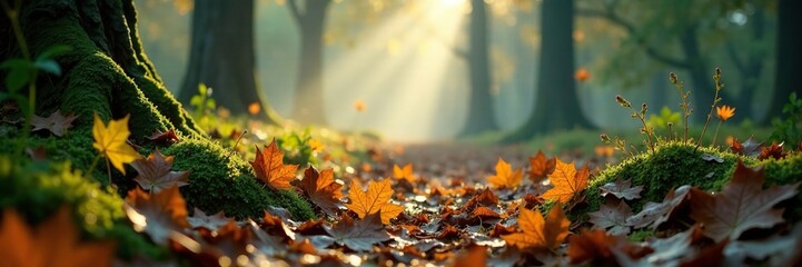 Dew-kissed forest floor mist rises from fallen leaves, autumnal, morning, wet leaves