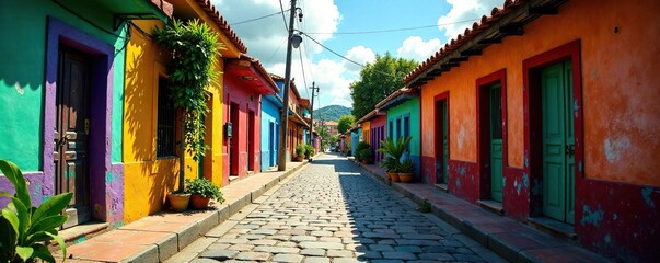 Naklejka premium Callej?n estrecho de Acapulco con casas y departamentos, urbanos, vegetaci?n