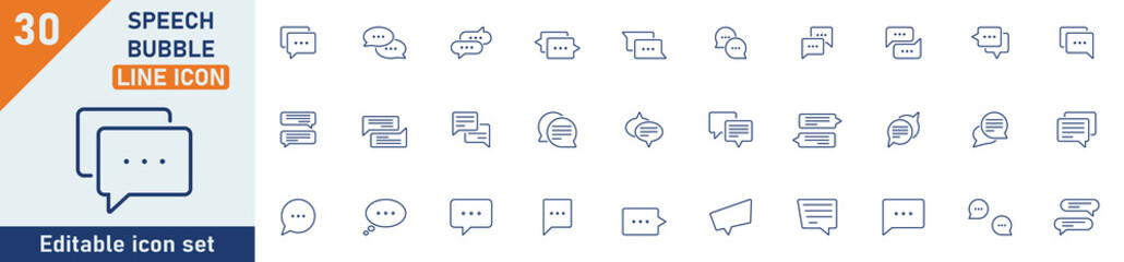 Fototapeta premium Speech bubble line icon set. Set of 30 outline icons related to chat, dialogue, communication, talk, bubble, message, feedback, balloon, speech and others. Editable stroke. Vector illustration.