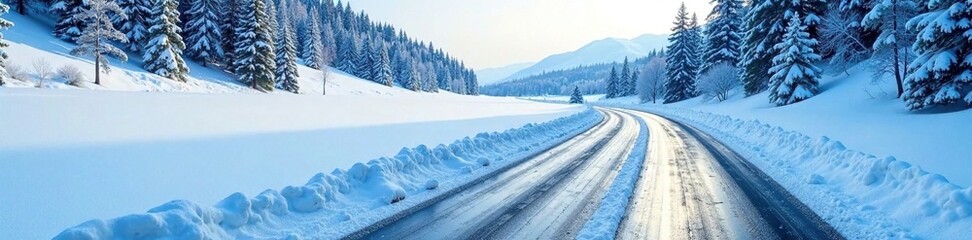 Obraz premium Ice covered road bending sharply around a snowbank, landscape, roads, cold weather