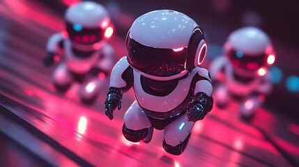 Small robots running on neon surface.