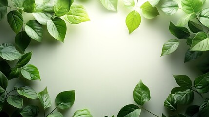 A delicate eco-inspired border with slim leaves softly curving around the edges, subtle green gradients and natural shadows, the center left blank for text, sleek and contemporary, hd quality.