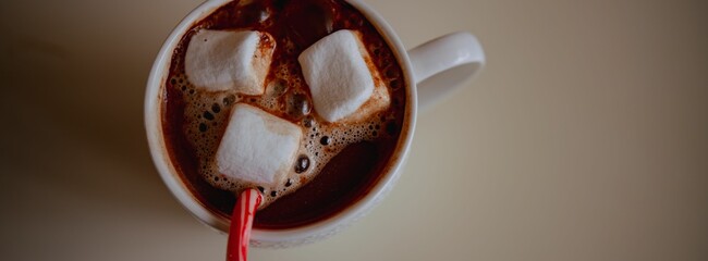 Hot chocolate with marshmallows and red straw.