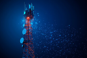 telecommunication base station receiver, featuring a tall tower with multiple antennas, dishes, and signal transmitters. The design highlights modern telecommunication technology