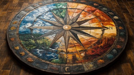 Fototapeta premium Giant compass with each direction showing different seasonal landscapes