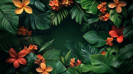 A dense border of overlapping tropical leaves with splashes of bright flowers such as frangipani and heliconia, vivid greens and radiant colors creating a vibrant contrast,