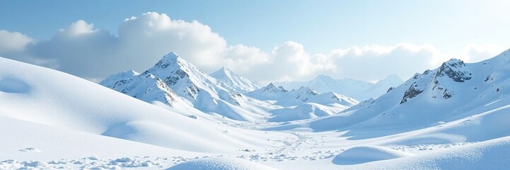 Fototapeta premium Snow-covered terrain with rolling mounds and hills, hilltops, winter scenery