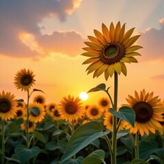 Obraz premium Sunflower stalks stretching towards the fading light, sunset, natural, stalks