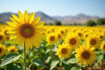 Fototapeta premium Yellow petals unfolding in the arid landscape, garden scene, sunflower field, sunny meadow