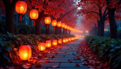 Naklejka premium A winding path lined with glowing lanterns and falling leaves, warm light, lanterns, leaves