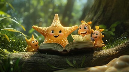 Joyful Starfish and Friends: A Whimsical Storybook Scene