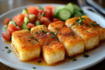 Crispy Fried Halloumi with Tomato and Cucumber Salad
